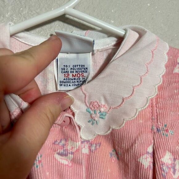 VTG 80s OshKosh Bubble Romper 12M Pink Corduroy Cat Print Peter Pan Collar - Picture 6 of 7
